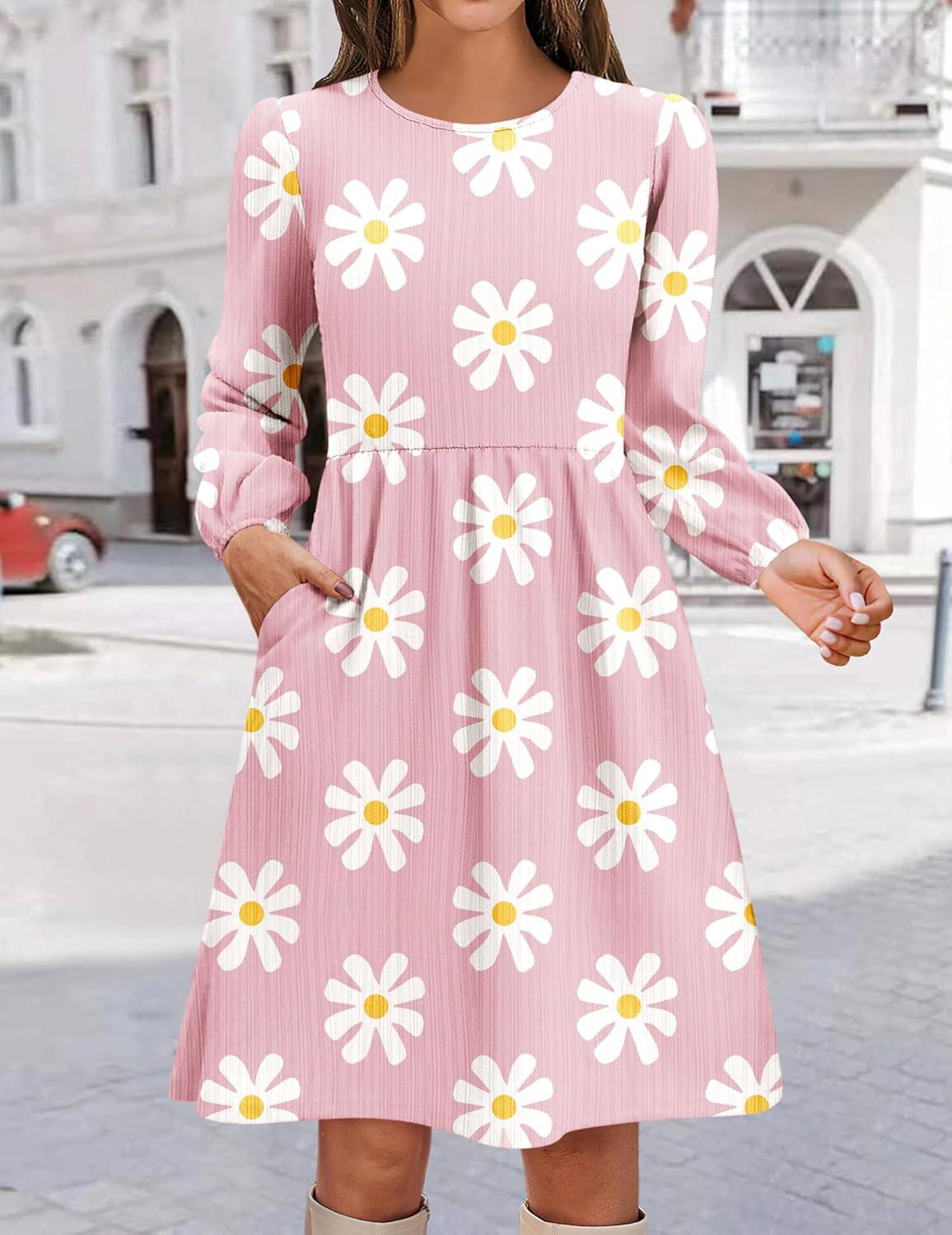 imageZeagoo Womens Fall Sweater Dresses with Pockets Crew Neck Long Sleeve ALine Dresses for Women 2025 Casual Winter DressesFloral Pink