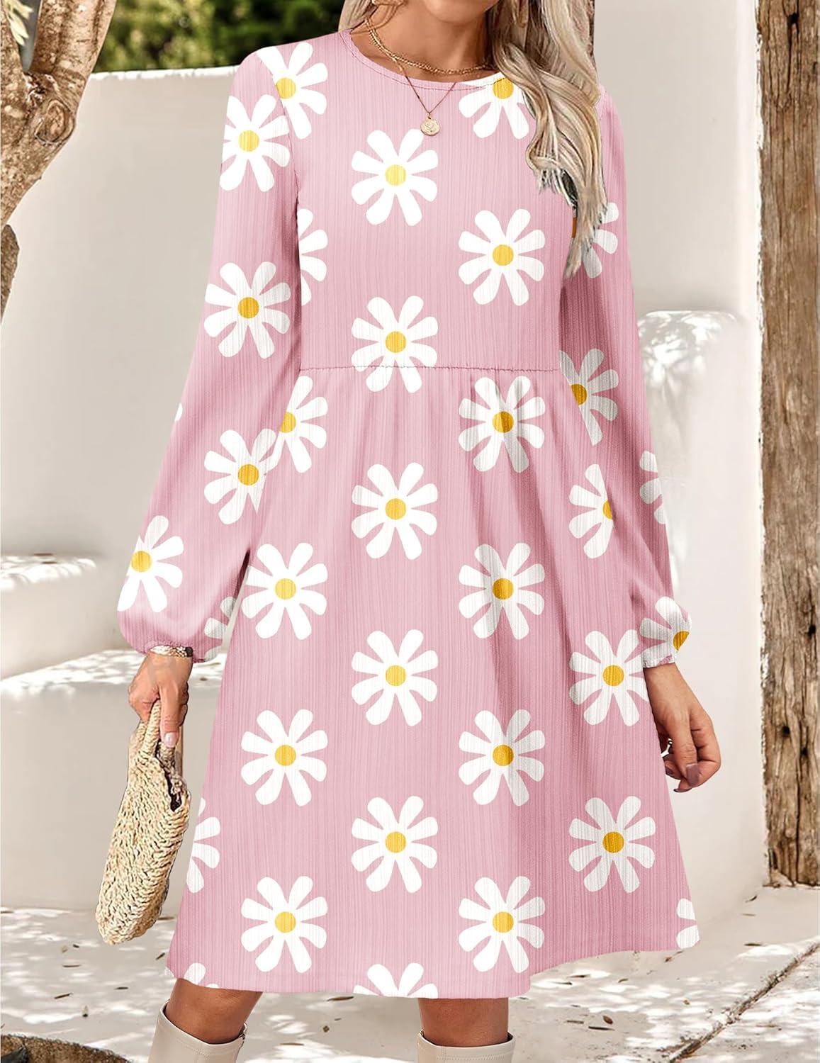 imageZeagoo Womens Fall Sweater Dresses with Pockets Crew Neck Long Sleeve ALine Dresses for Women 2025 Casual Winter DressesFloral Pink