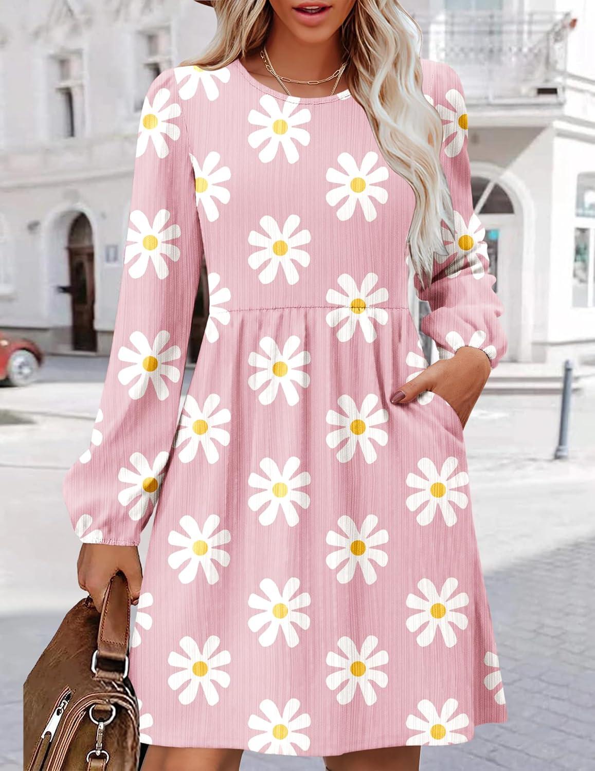 imageZeagoo Womens Fall Sweater Dresses with Pockets Crew Neck Long Sleeve ALine Dresses for Women 2025 Casual Winter DressesFloral Pink
