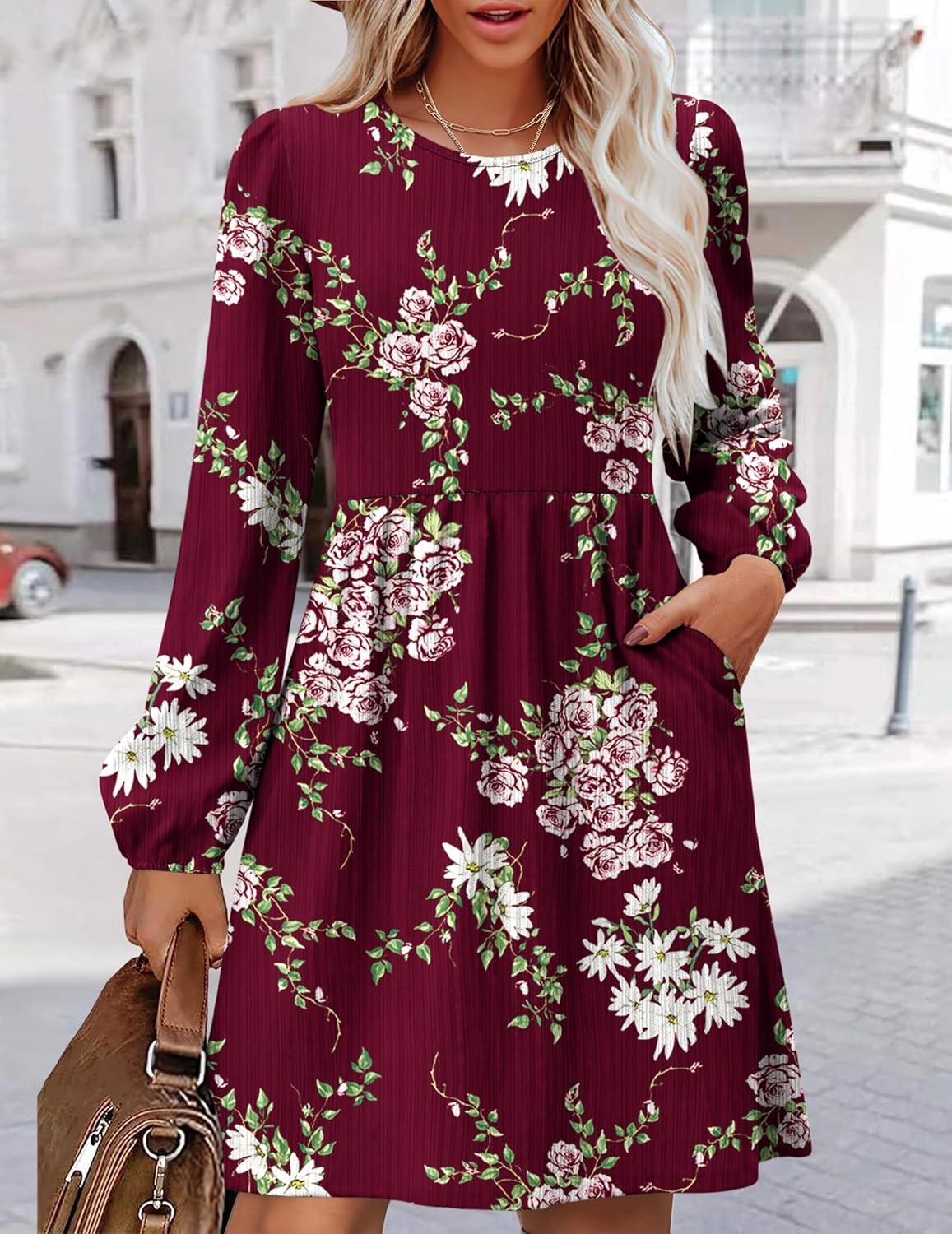 imageZeagoo Womens Fall Sweater Dresses with Pockets Crew Neck Long Sleeve ALine Dresses for Women 2025 Casual Winter DressesFloral Red