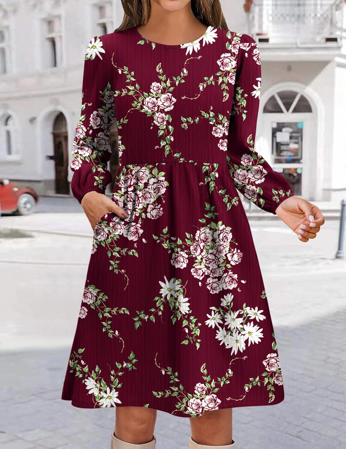 imageZeagoo Womens Fall Sweater Dresses with Pockets Crew Neck Long Sleeve ALine Dresses for Women 2025 Casual Winter DressesFloral Red