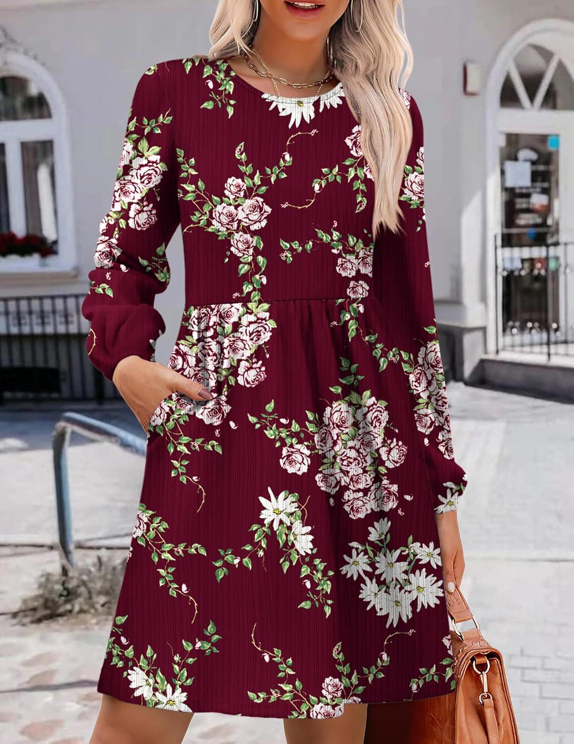 imageZeagoo Womens Fall Sweater Dresses with Pockets Crew Neck Long Sleeve ALine Dresses for Women 2025 Casual Winter DressesFloral Red