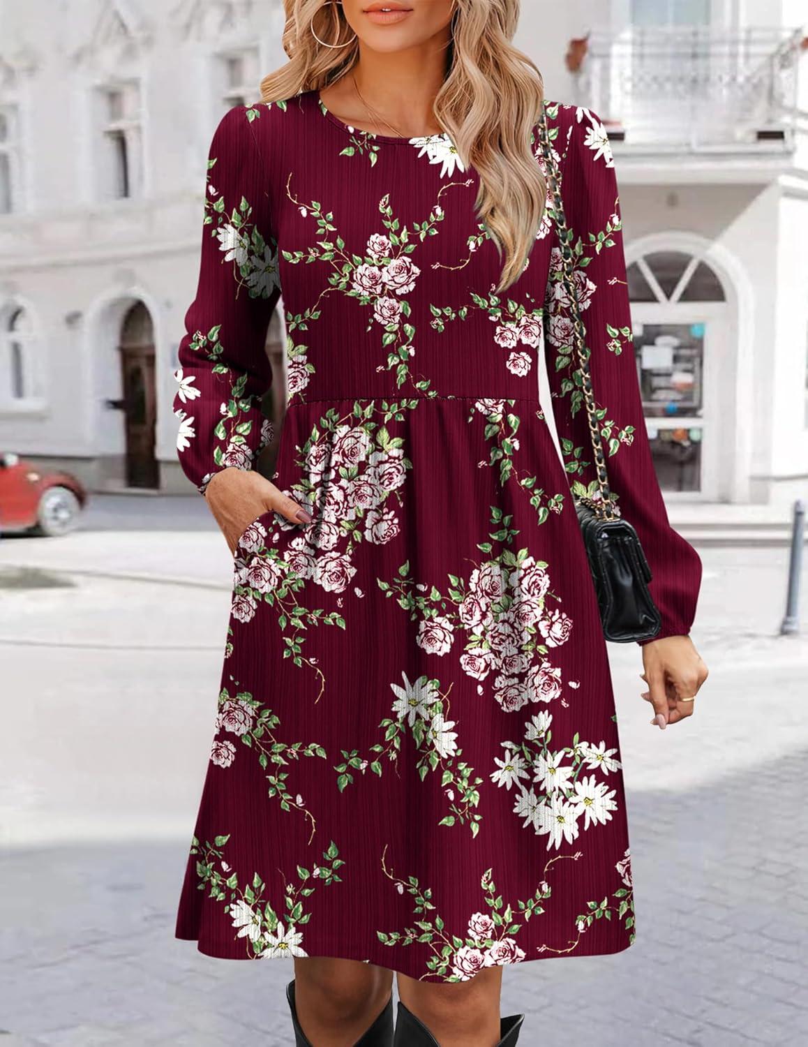imageZeagoo Womens Fall Sweater Dresses with Pockets Crew Neck Long Sleeve ALine Dresses for Women 2025 Casual Winter DressesFloral Red