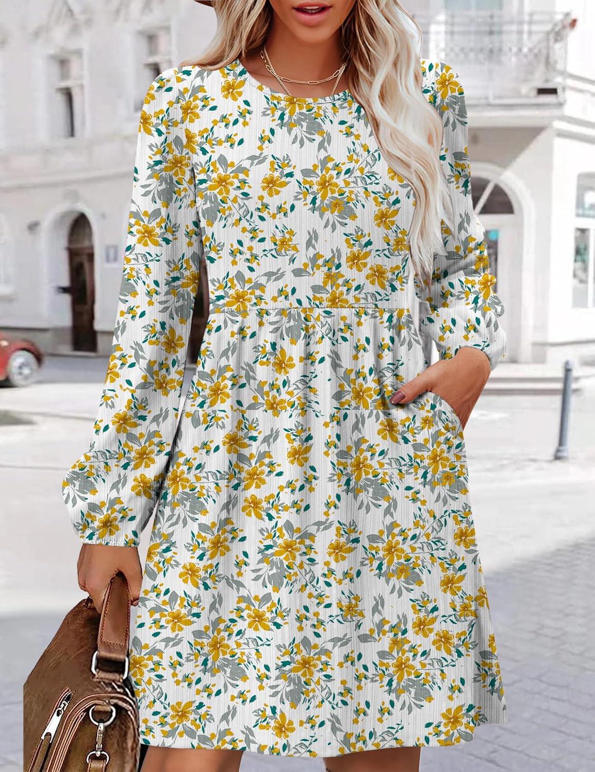imageZeagoo Womens Fall Sweater Dresses with Pockets Crew Neck Long Sleeve ALine Dresses for Women 2025 Casual Winter DressesFloral White
