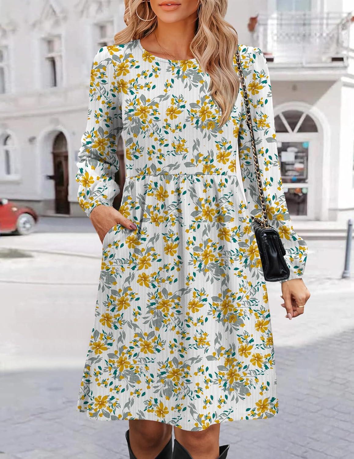 imageZeagoo Womens Fall Sweater Dresses with Pockets Crew Neck Long Sleeve ALine Dresses for Women 2025 Casual Winter DressesFloral White