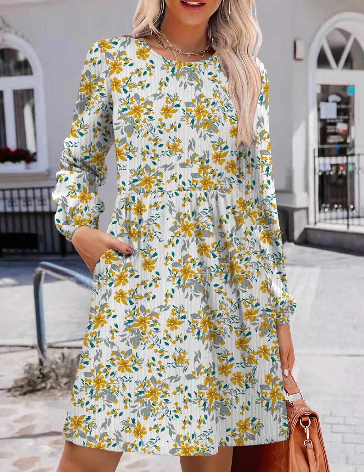 imageZeagoo Womens Fall Sweater Dresses with Pockets Crew Neck Long Sleeve ALine Dresses for Women 2025 Casual Winter DressesFloral White