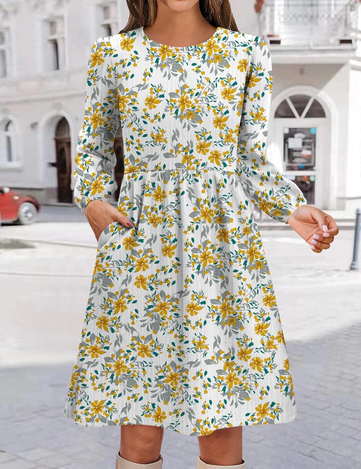 imageZeagoo Womens Fall Sweater Dresses with Pockets Crew Neck Long Sleeve ALine Dresses for Women 2025 Casual Winter DressesFloral White