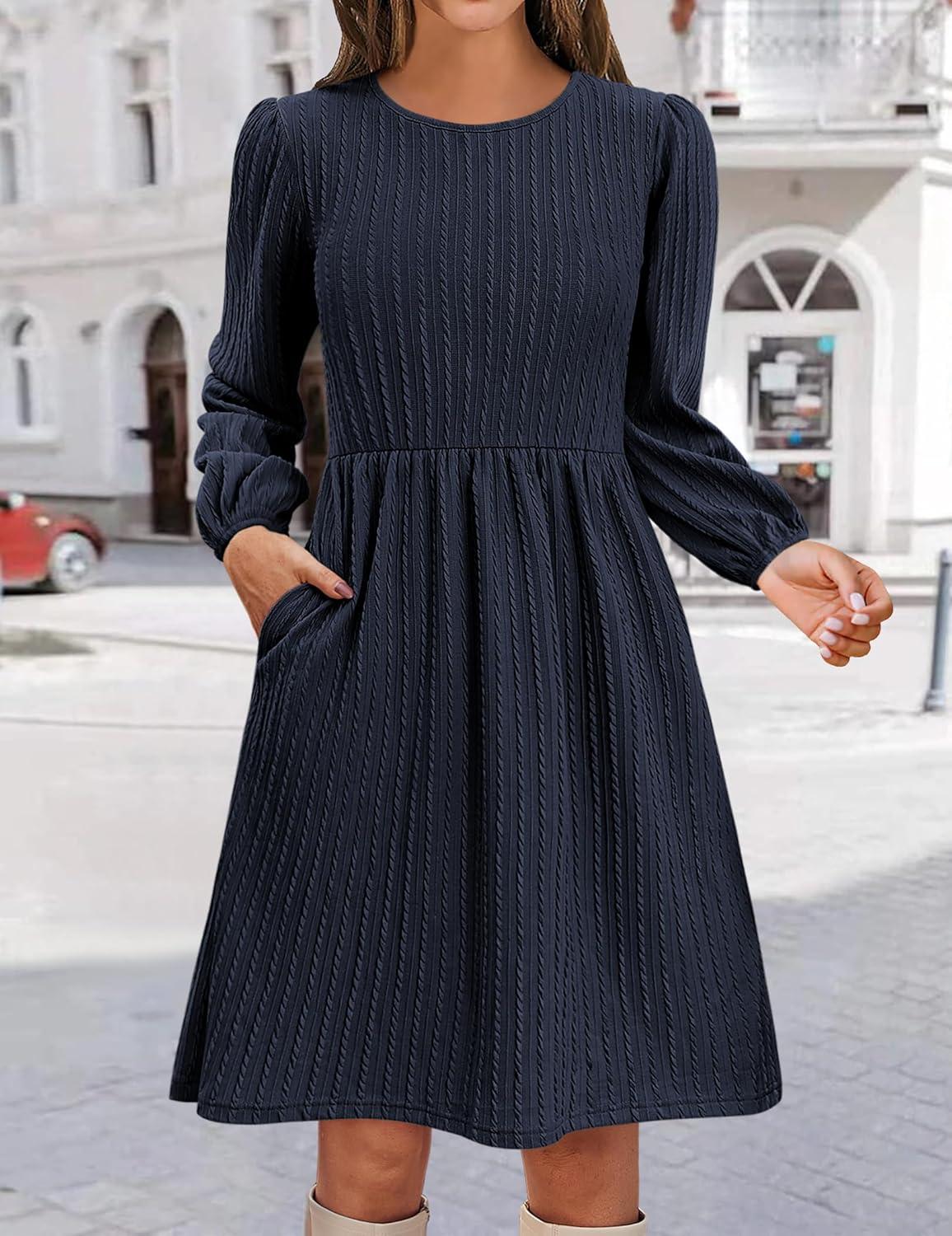 imageZeagoo Womens Fall Sweater Dresses with Pockets Crew Neck Long Sleeve ALine Dresses for Women 2025 Casual Winter DressesNavy Blue