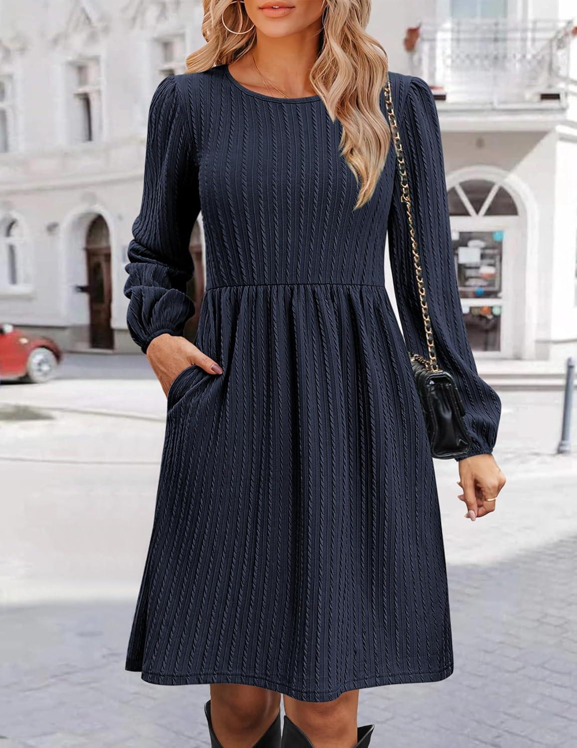 imageZeagoo Womens Fall Sweater Dresses with Pockets Crew Neck Long Sleeve ALine Dresses for Women 2025 Casual Winter DressesNavy Blue