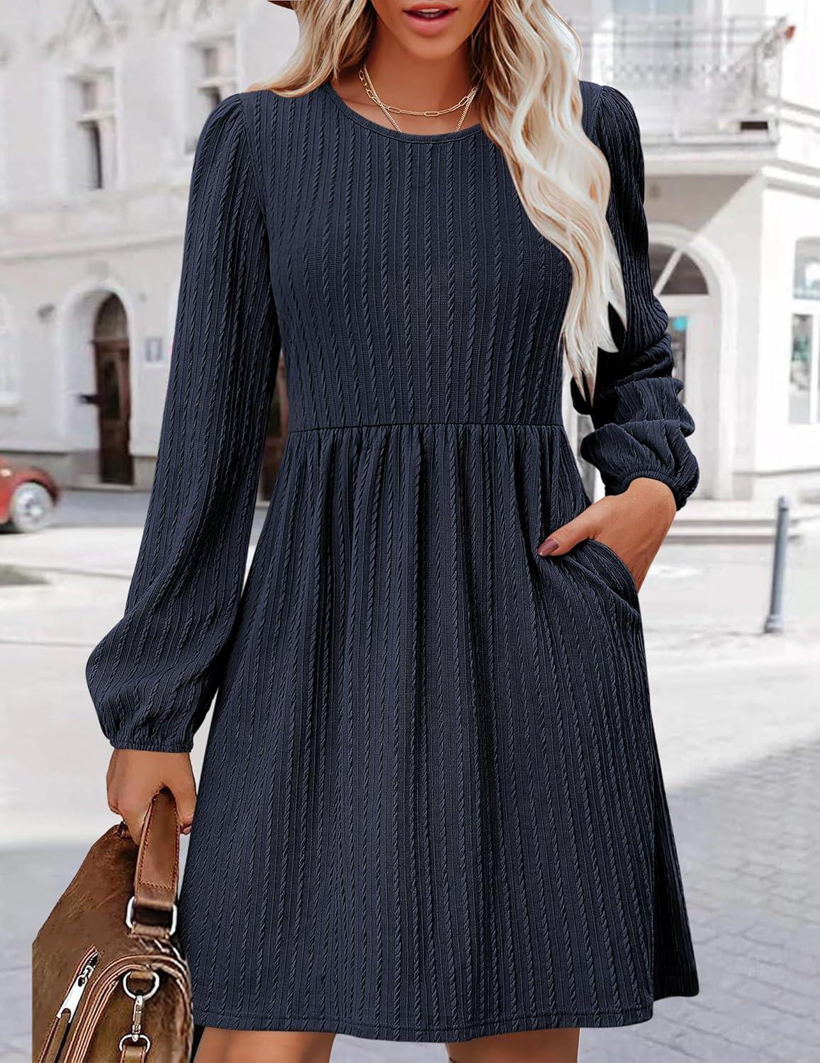 imageZeagoo Womens Fall Sweater Dresses with Pockets Crew Neck Long Sleeve ALine Dresses for Women 2025 Casual Winter DressesNavy Blue