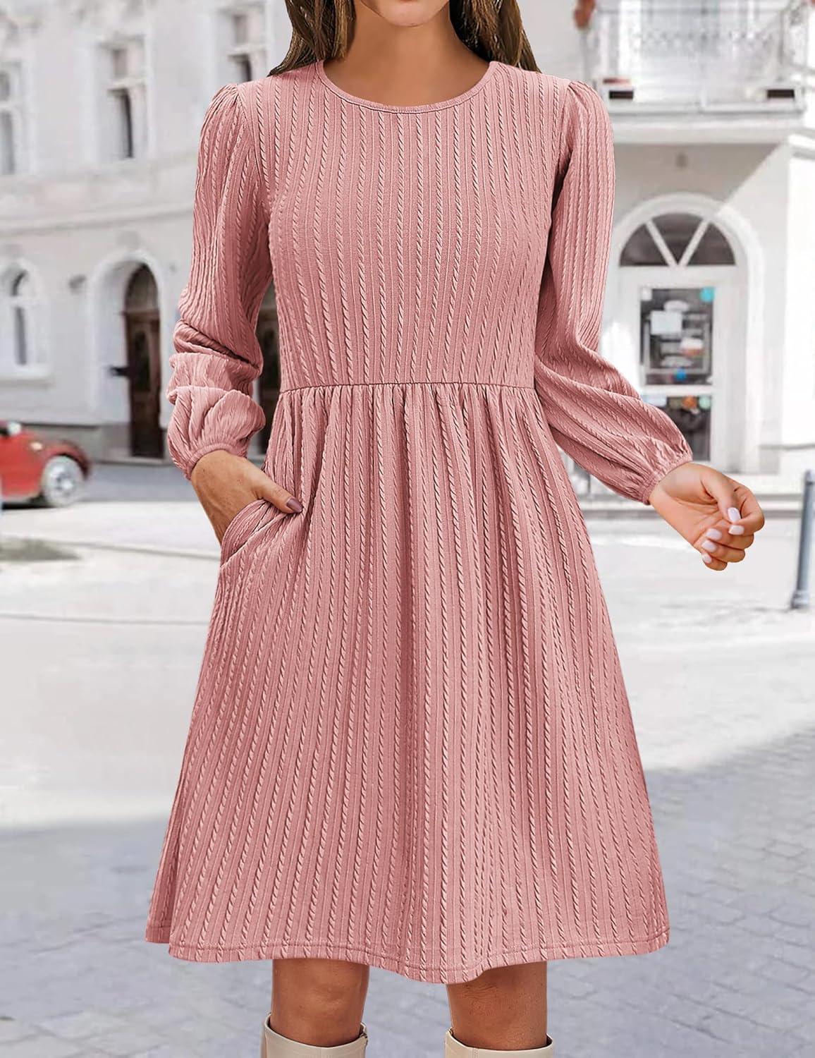 imageZeagoo Womens Fall Sweater Dresses with Pockets Crew Neck Long Sleeve ALine Dresses for Women 2025 Casual Winter DressesRose Pink