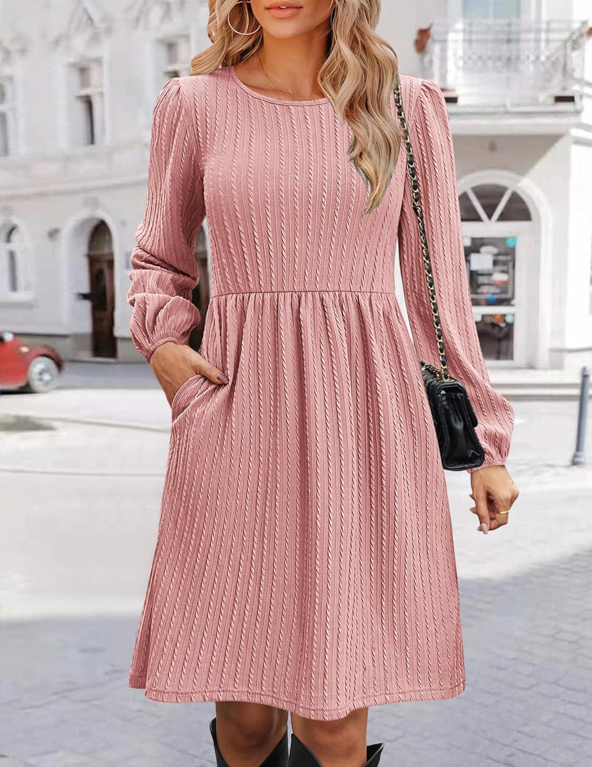imageZeagoo Womens Fall Sweater Dresses with Pockets Crew Neck Long Sleeve ALine Dresses for Women 2025 Casual Winter DressesRose Pink