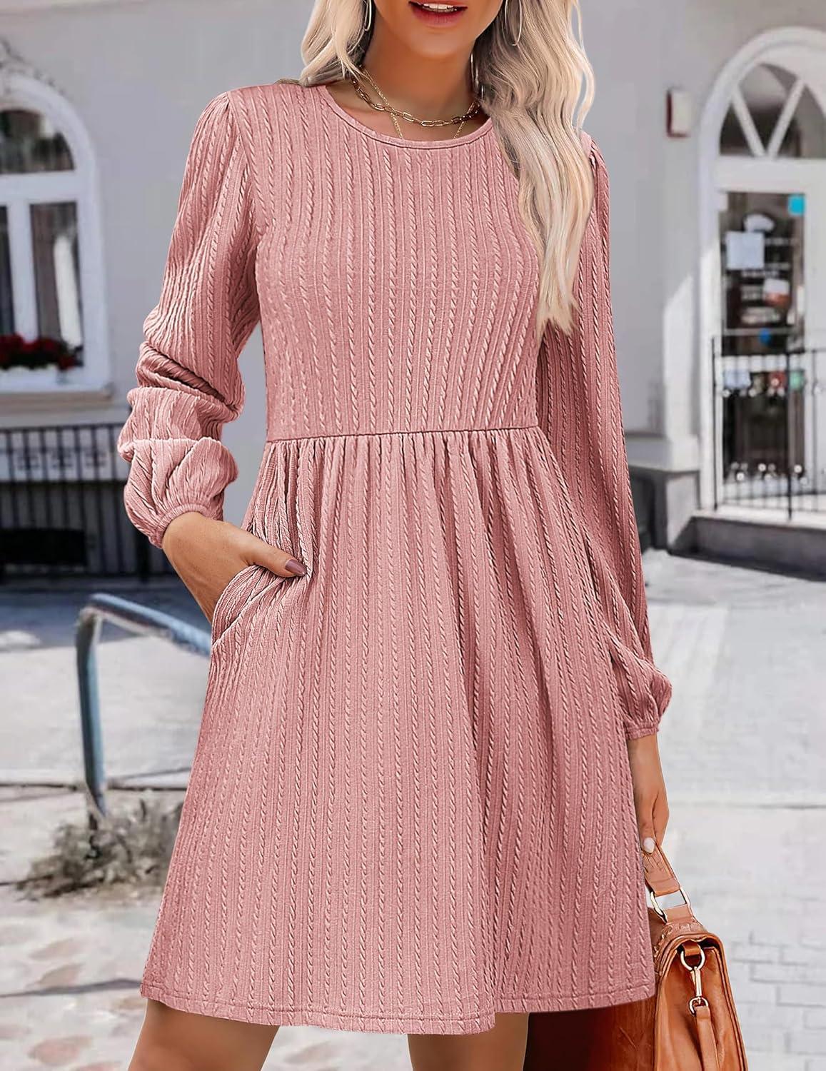 imageZeagoo Womens Fall Sweater Dresses with Pockets Crew Neck Long Sleeve ALine Dresses for Women 2025 Casual Winter DressesRose Pink