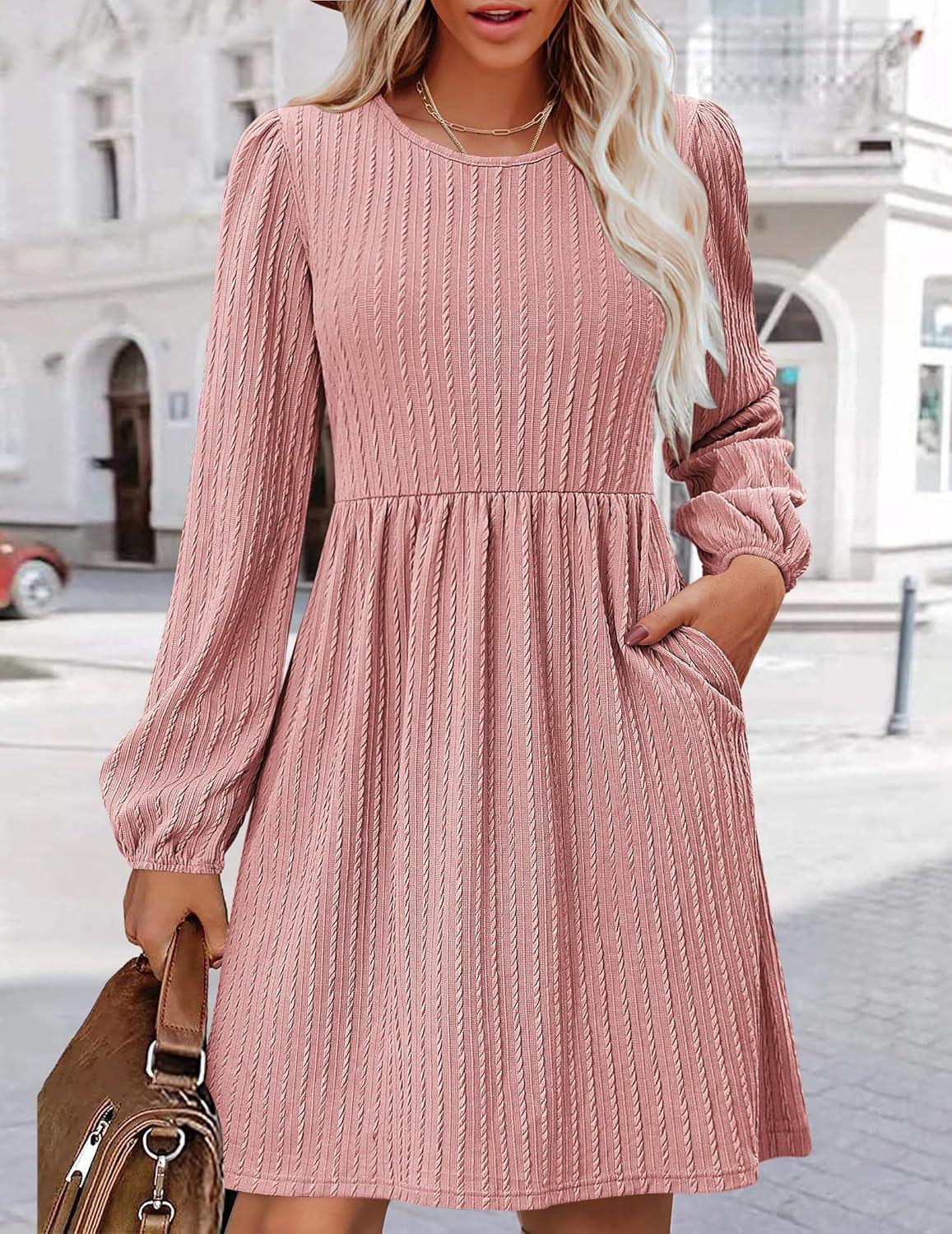 imageZeagoo Womens Fall Sweater Dresses with Pockets Crew Neck Long Sleeve ALine Dresses for Women 2025 Casual Winter DressesRose Pink