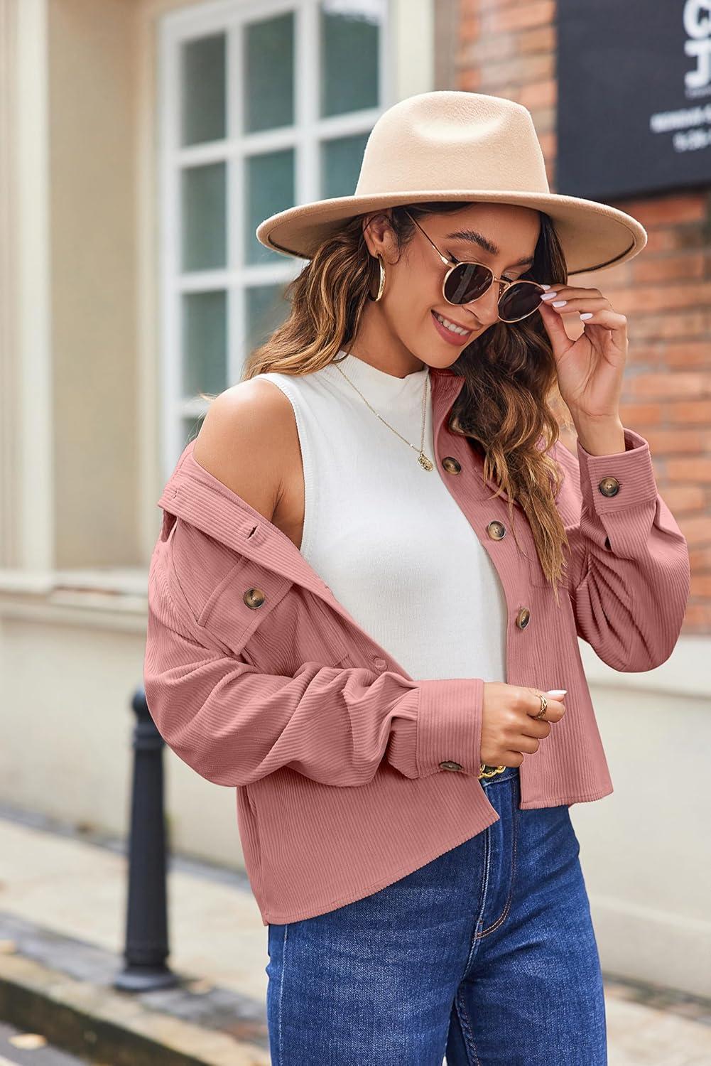 imageZeagoo Womens Fashion Cropped Corduroy Shackets Button Down Jackets Tops Fall Trendy Lightweight Long Sleeve ShirtsPink