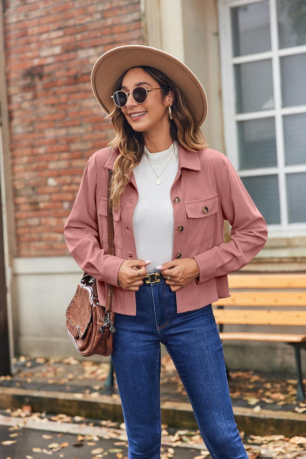 imageZeagoo Womens Fashion Cropped Corduroy Shackets Button Down Jackets Tops Fall Trendy Lightweight Long Sleeve ShirtsPink