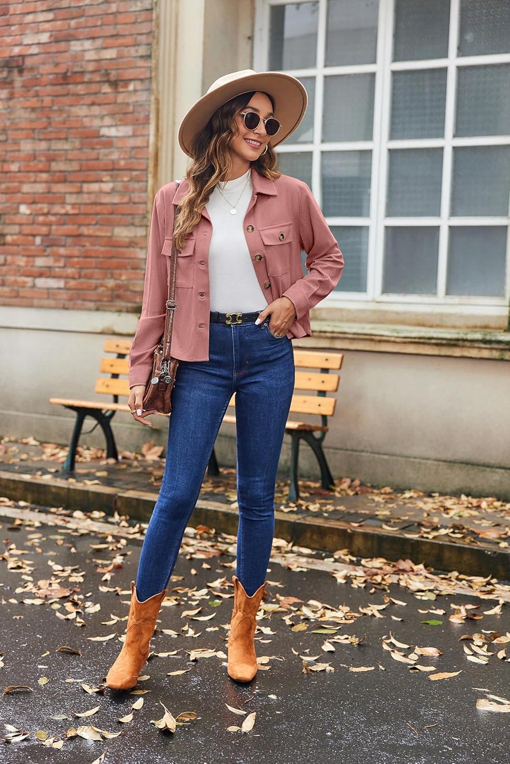 imageZeagoo Womens Fashion Cropped Corduroy Shackets Button Down Jackets Tops Fall Trendy Lightweight Long Sleeve ShirtsPink