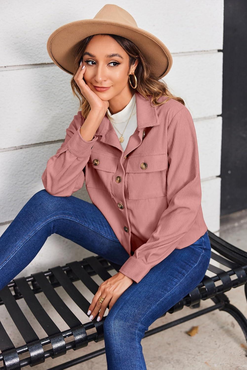 imageZeagoo Womens Fashion Cropped Corduroy Shackets Button Down Jackets Tops Fall Trendy Lightweight Long Sleeve ShirtsPink