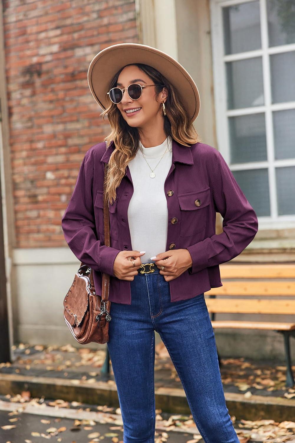 imageZeagoo Womens Fashion Cropped Corduroy Shackets Button Down Jackets Tops Fall Trendy Lightweight Long Sleeve ShirtsPurple