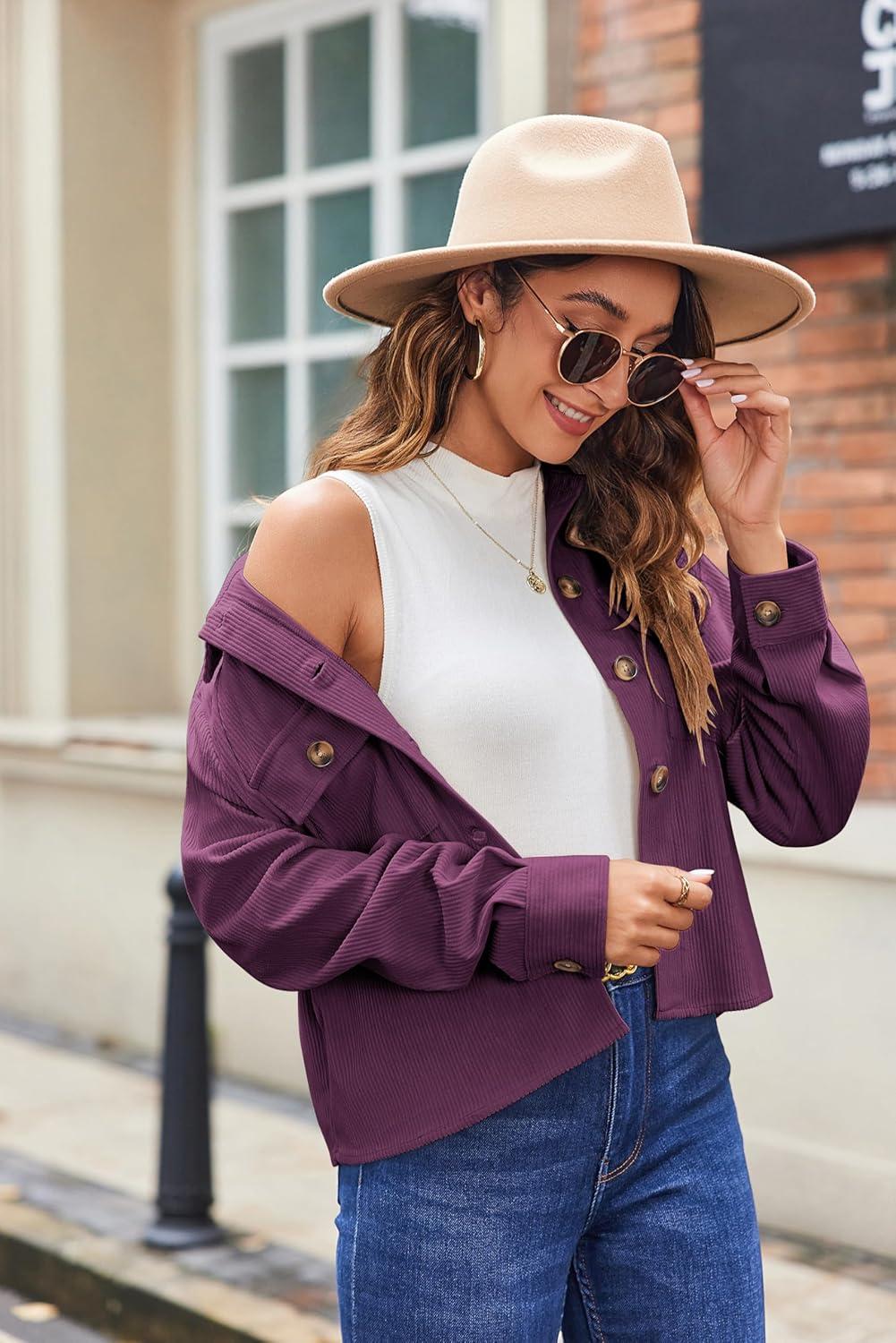 imageZeagoo Womens Fashion Cropped Corduroy Shackets Button Down Jackets Tops Fall Trendy Lightweight Long Sleeve ShirtsPurple