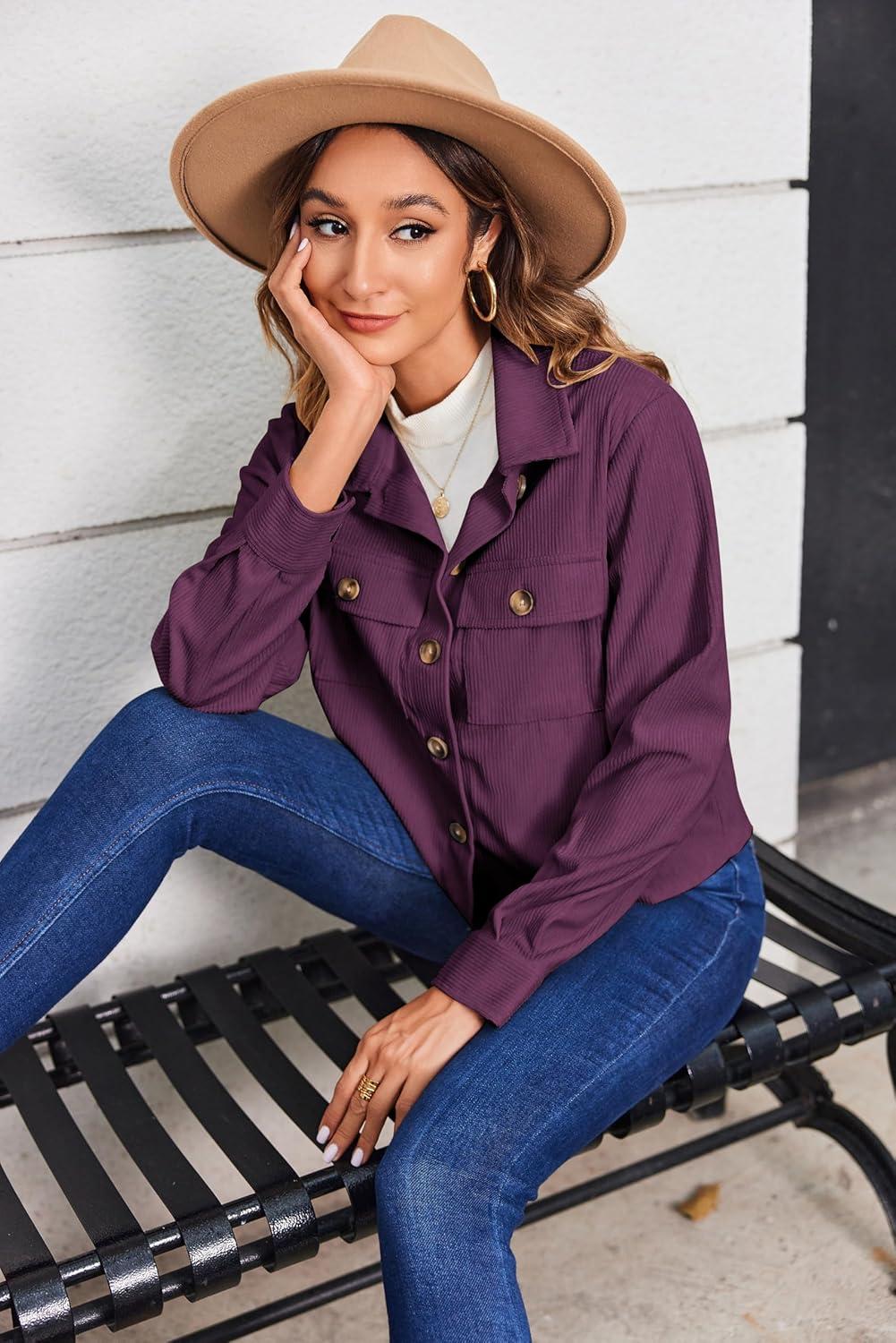 imageZeagoo Womens Fashion Cropped Corduroy Shackets Button Down Jackets Tops Fall Trendy Lightweight Long Sleeve ShirtsPurple