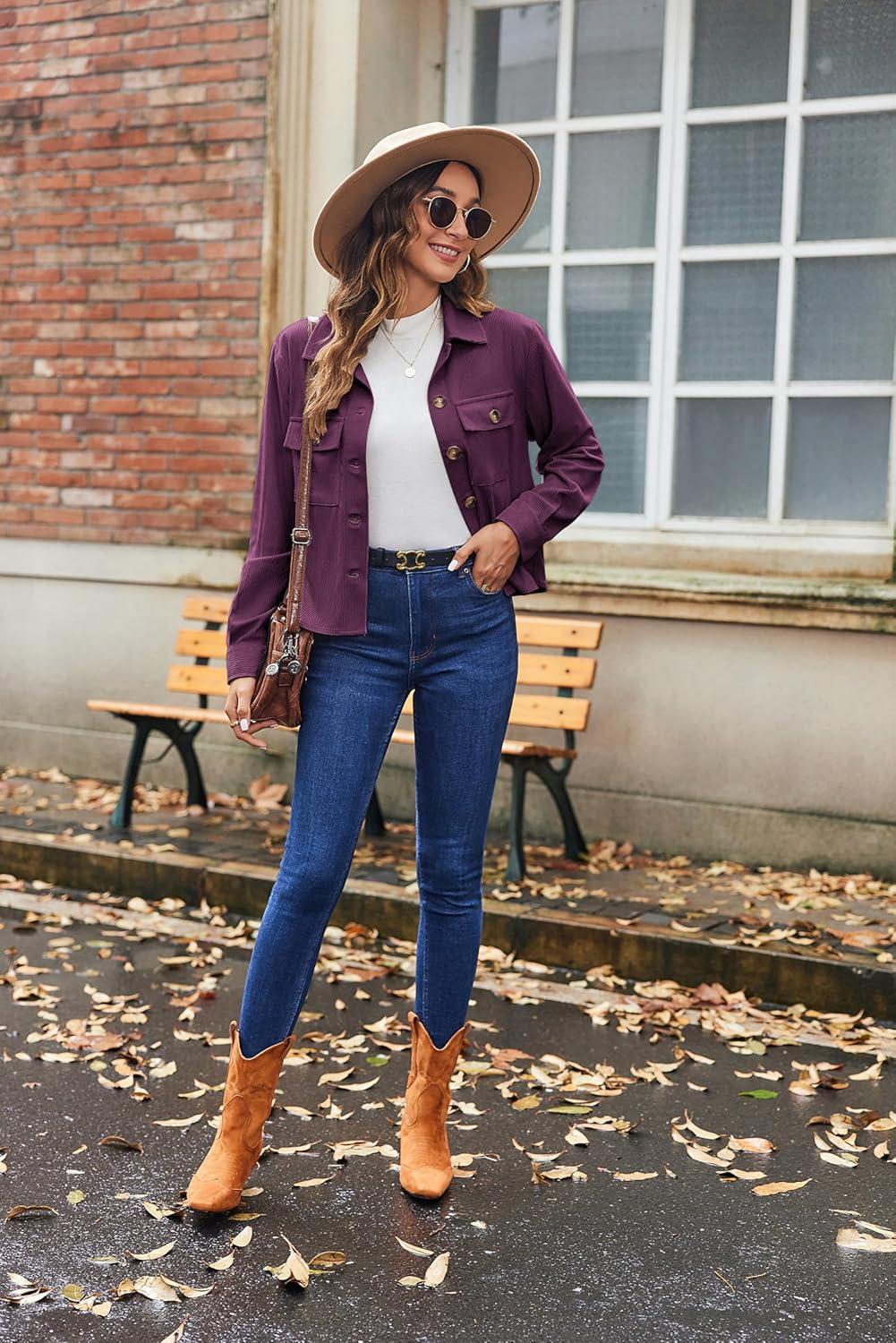 imageZeagoo Womens Fashion Cropped Corduroy Shackets Button Down Jackets Tops Fall Trendy Lightweight Long Sleeve ShirtsPurple