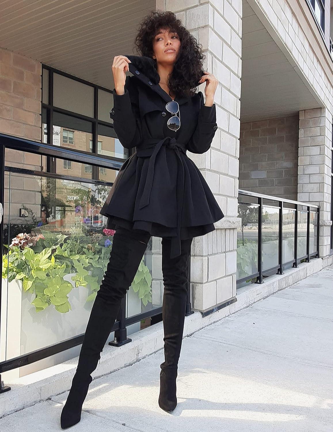imageZeagoo Womens Fashion Faux Fur Lapel DoubleBreasted Thick Wool Trench Coat Winter Warm Jacket S2XLBlack