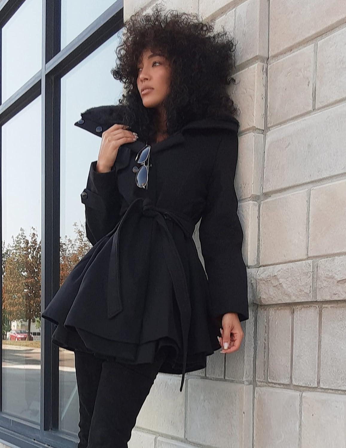 imageZeagoo Womens Fashion Faux Fur Lapel DoubleBreasted Thick Wool Trench Coat Winter Warm Jacket S2XLBlack