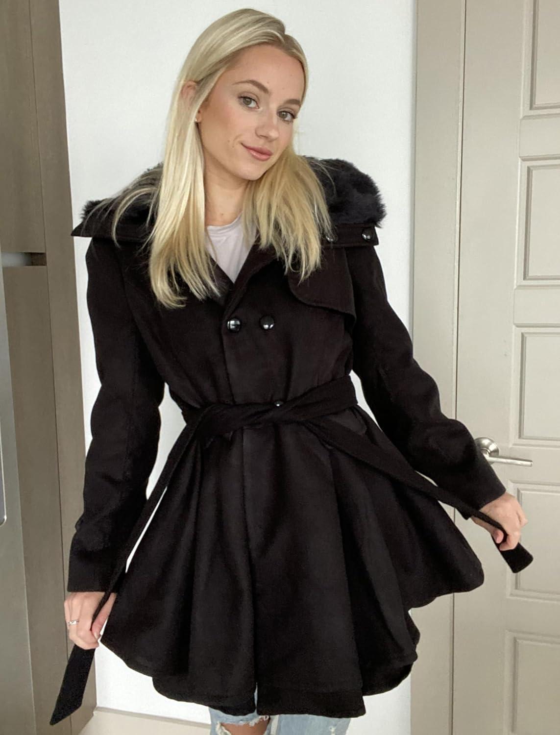 imageZeagoo Womens Fashion Faux Fur Lapel DoubleBreasted Thick Wool Trench Coat Winter Warm Jacket S2XLBlack