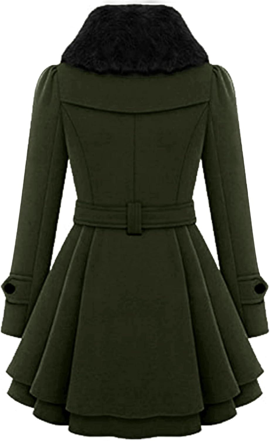 imageZeagoo Womens Fashion Faux Fur Lapel DoubleBreasted Thick Wool Trench Coat Winter Warm Jacket S2XLNewarmy Green