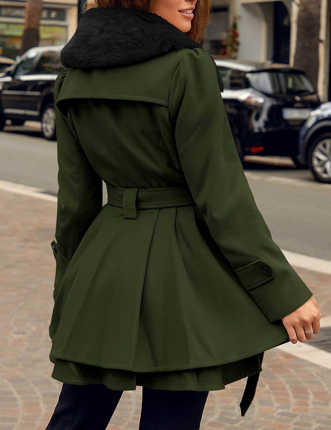 imageZeagoo Womens Fashion Faux Fur Lapel DoubleBreasted Thick Wool Trench Coat Winter Warm Jacket S2XLNewarmy Green