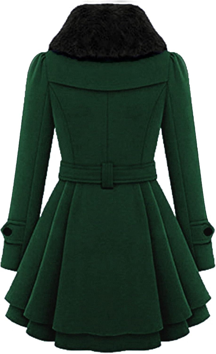 imageZeagoo Womens Fashion Faux Fur Lapel DoubleBreasted Thick Wool Trench Coat Winter Warm Jacket S2XLNewdark Green