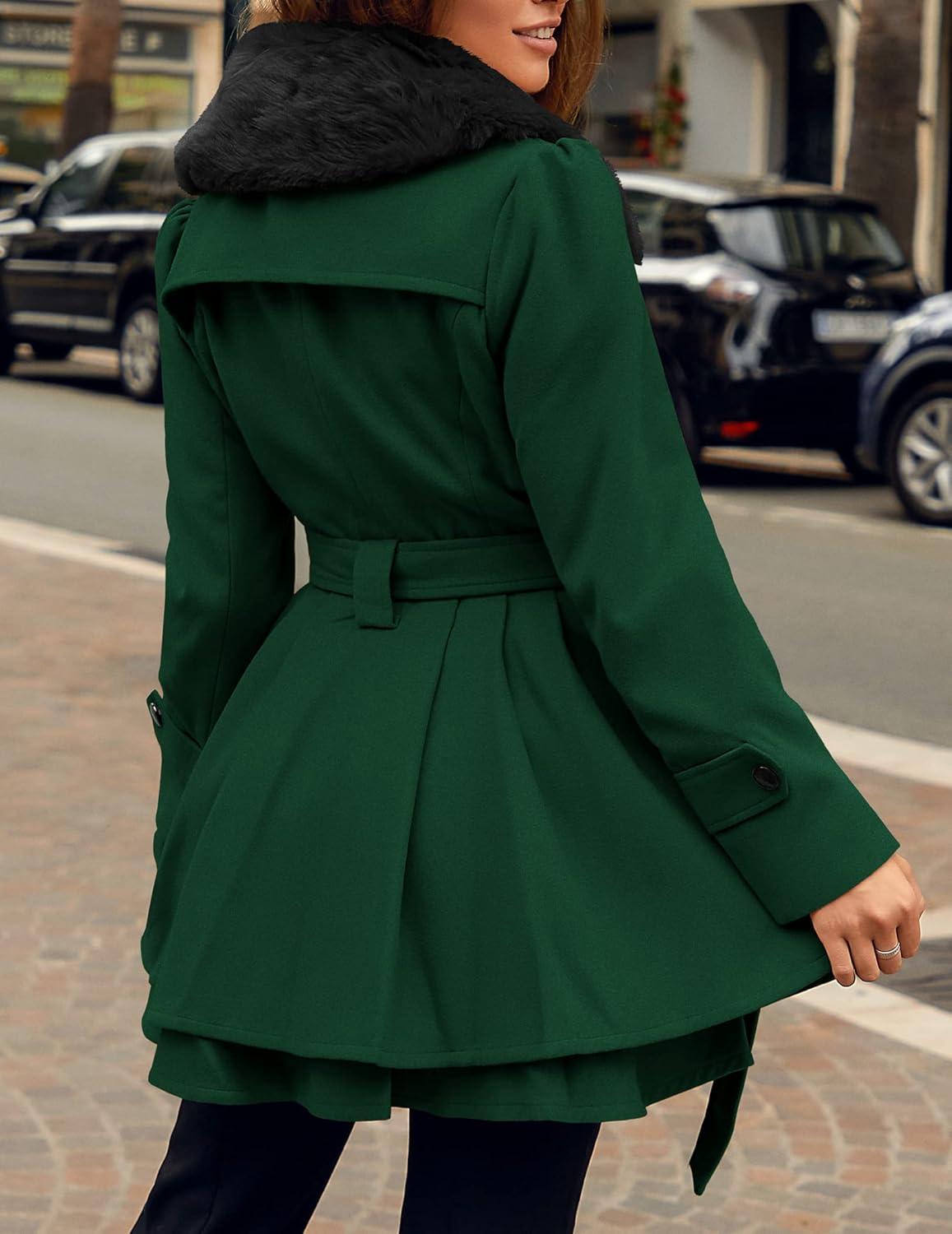 imageZeagoo Womens Fashion Faux Fur Lapel DoubleBreasted Thick Wool Trench Coat Winter Warm Jacket S2XLNewdark Green