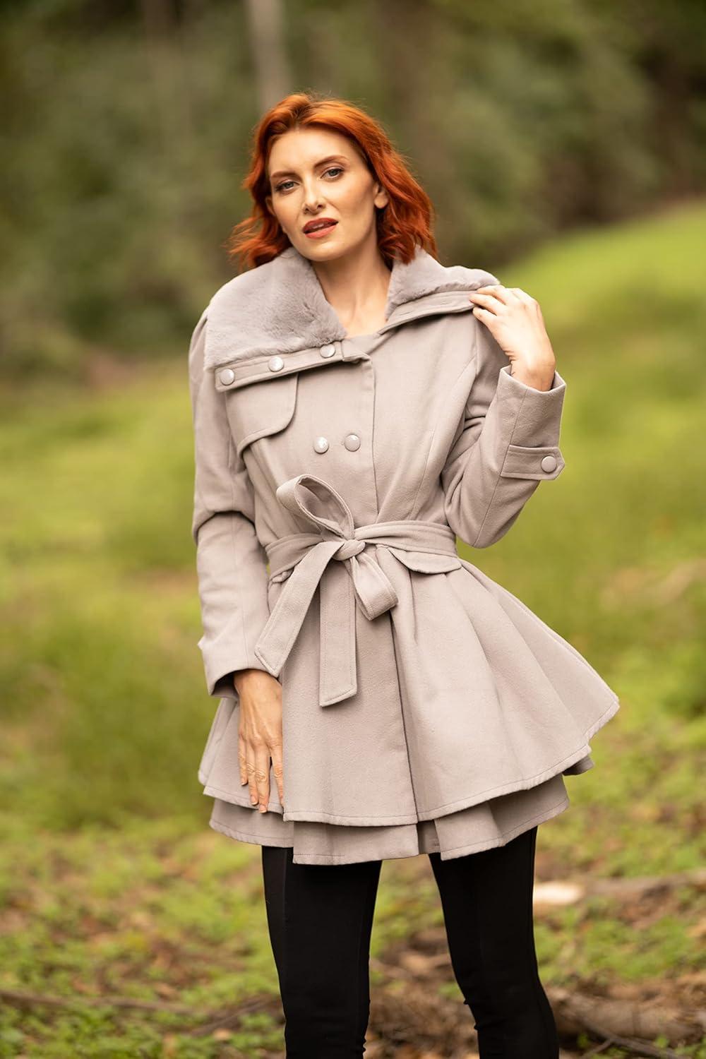 imageZeagoo Womens Fashion Faux Fur Lapel DoubleBreasted Thick Wool Trench Coat Winter Warm Jacket S2XLNewmoon Grey