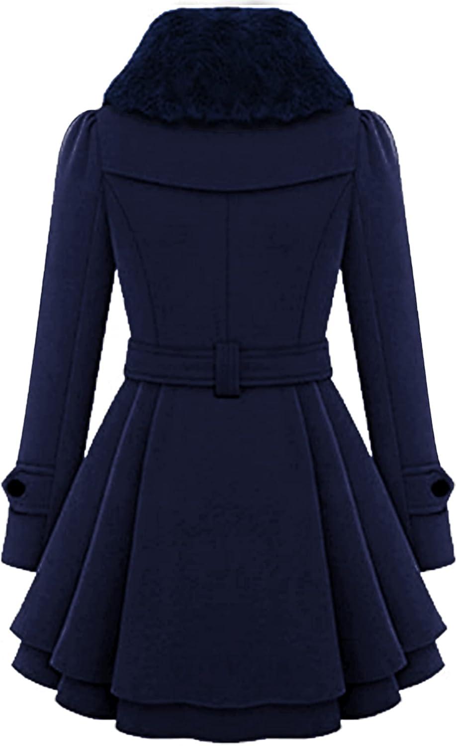 imageZeagoo Womens Fashion Faux Fur Lapel DoubleBreasted Thick Wool Trench Coat Winter Warm Jacket S2XLNewnavy Blue