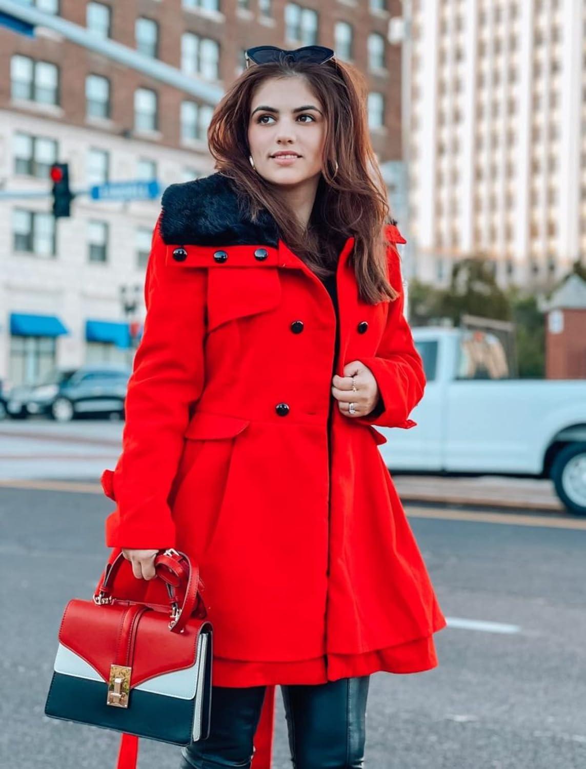 imageZeagoo Womens Fashion Faux Fur Lapel DoubleBreasted Thick Wool Trench Coat Winter Warm Jacket S2XLNewred