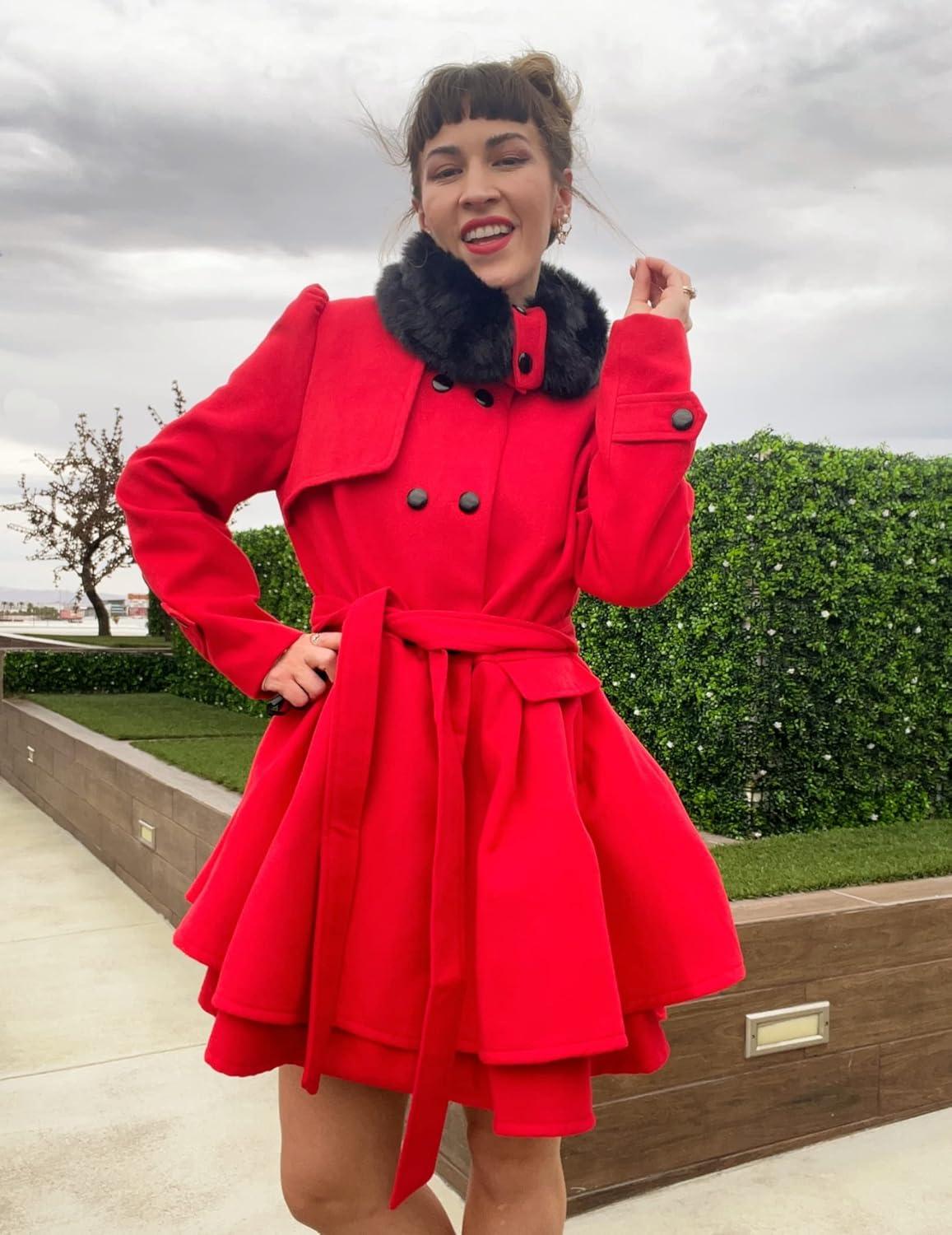imageZeagoo Womens Fashion Faux Fur Lapel DoubleBreasted Thick Wool Trench Coat Winter Warm Jacket S2XLNewred