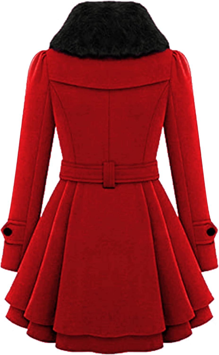 imageZeagoo Womens Fashion Faux Fur Lapel DoubleBreasted Thick Wool Trench Coat Winter Warm Jacket S2XLNewred