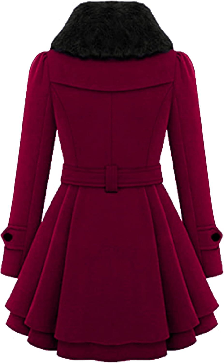 imageZeagoo Womens Fashion Faux Fur Lapel DoubleBreasted Thick Wool Trench Coat Winter Warm Jacket S2XLNewwine Red