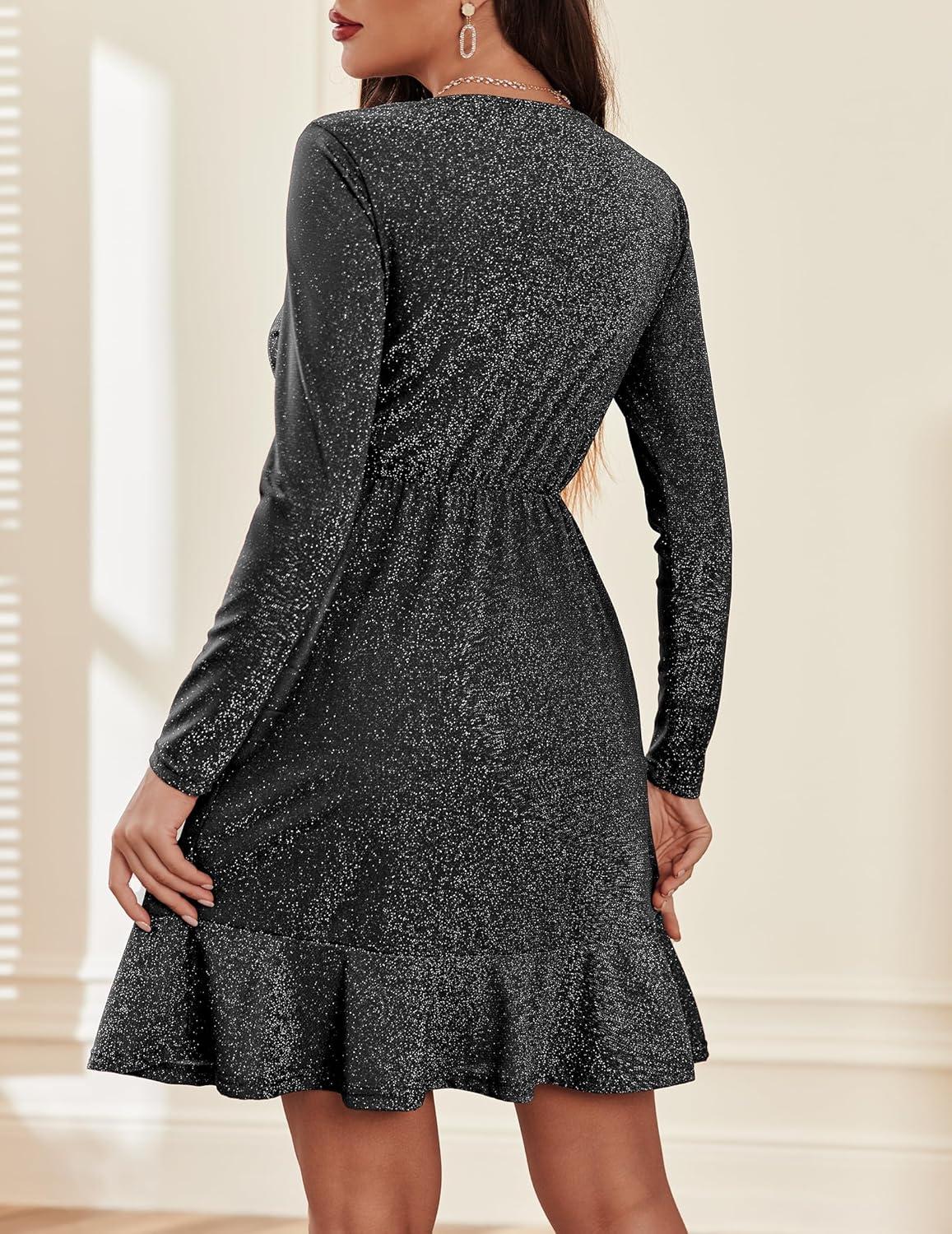 imageZeagoo Womens Glitter Dress Wrap V Neck Long Sleeve Swing Club Cocktail Party Dresses Sequin Sparkle Dress Christmas DressBlack