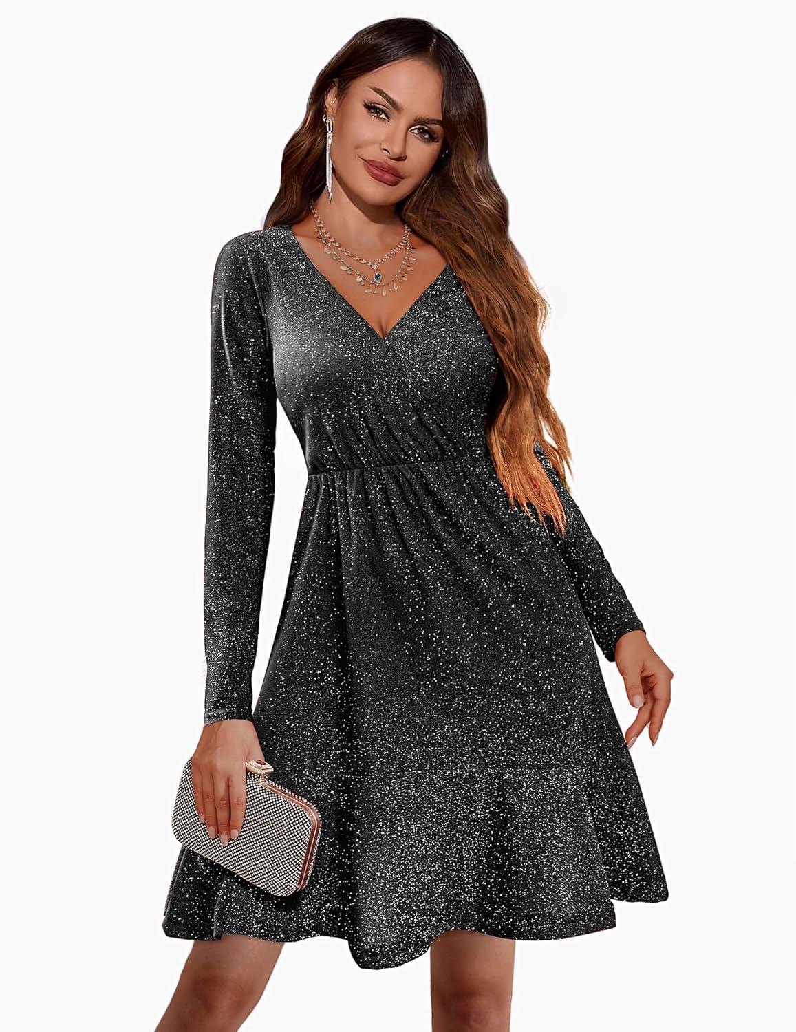 imageZeagoo Womens Glitter Dress Wrap V Neck Long Sleeve Swing Club Cocktail Party Dresses Sequin Sparkle Dress Christmas DressBlack