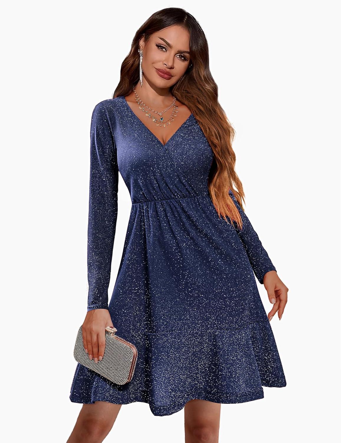 imageZeagoo Womens Glitter Dress Wrap V Neck Long Sleeve Swing Club Cocktail Party Dresses Sequin Sparkle Dress Christmas DressBluepurple