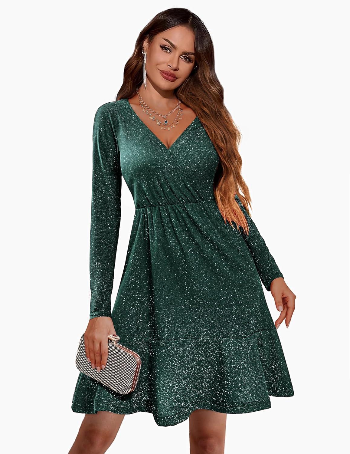 imageZeagoo Womens Glitter Dress Wrap V Neck Long Sleeve Swing Club Cocktail Party Dresses Sequin Sparkle Dress Christmas DressGreen