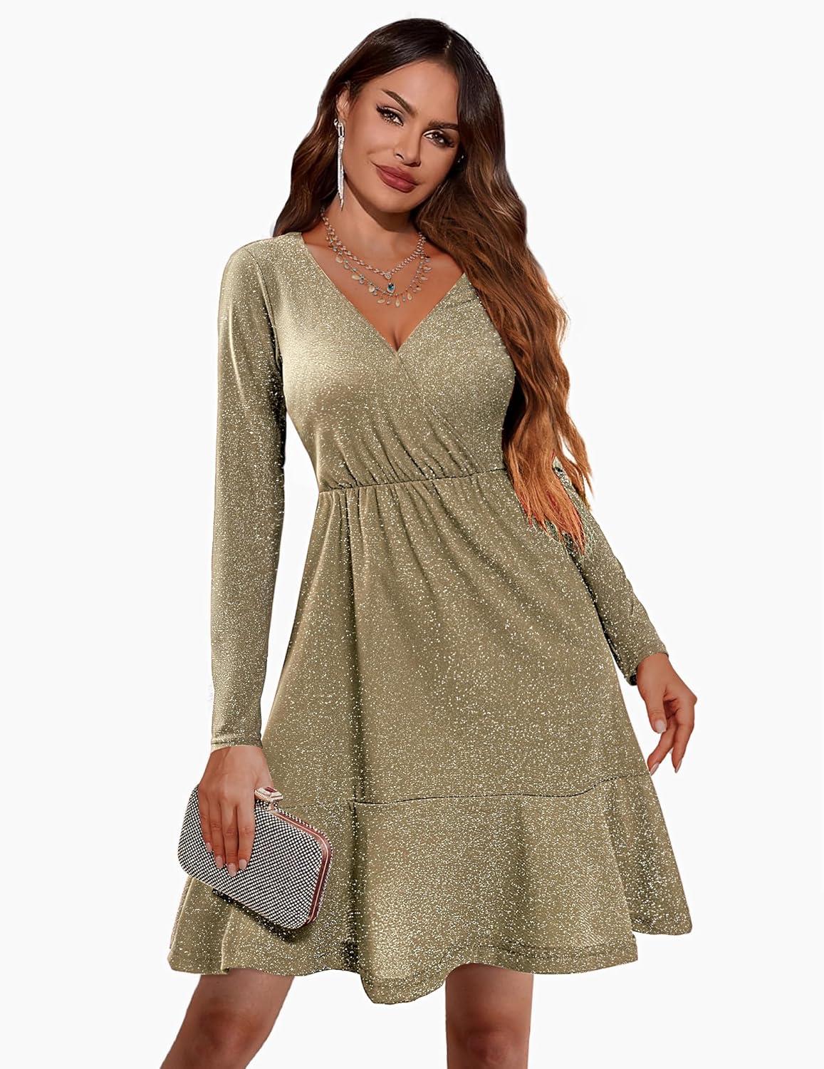 imageZeagoo Womens Glitter Dress Wrap V Neck Long Sleeve Swing Club Cocktail Party Dresses Sequin Sparkle Dress Christmas DressKhaki
