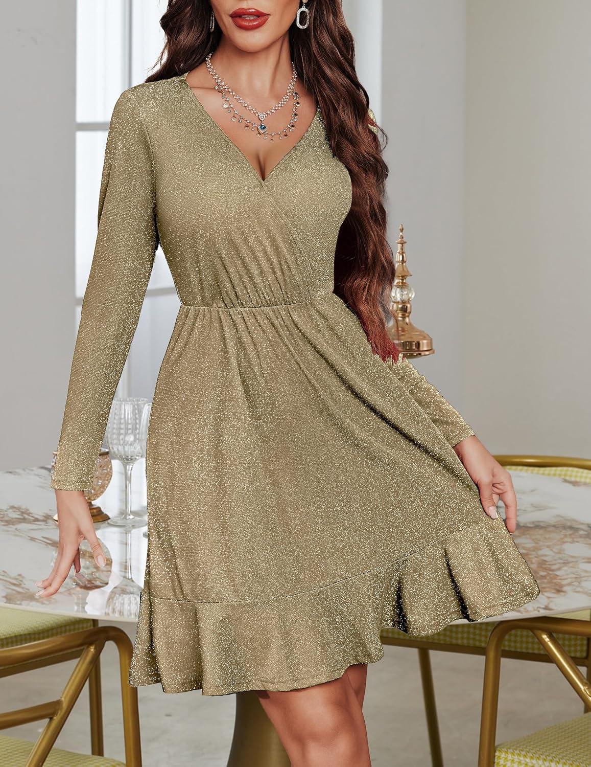 imageZeagoo Womens Glitter Dress Wrap V Neck Long Sleeve Swing Club Cocktail Party Dresses Sequin Sparkle Dress Christmas DressKhaki