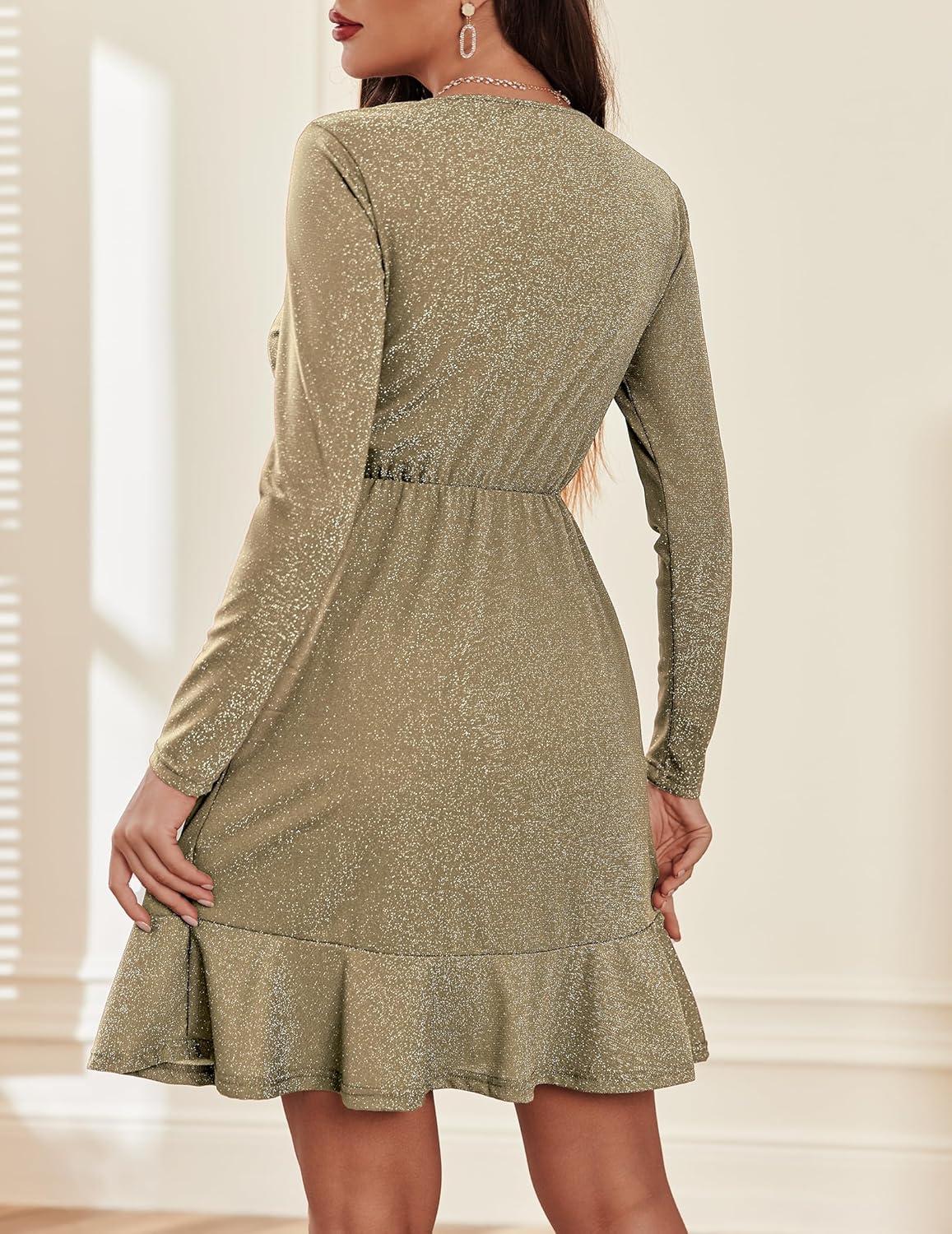 imageZeagoo Womens Glitter Dress Wrap V Neck Long Sleeve Swing Club Cocktail Party Dresses Sequin Sparkle Dress Christmas DressKhaki