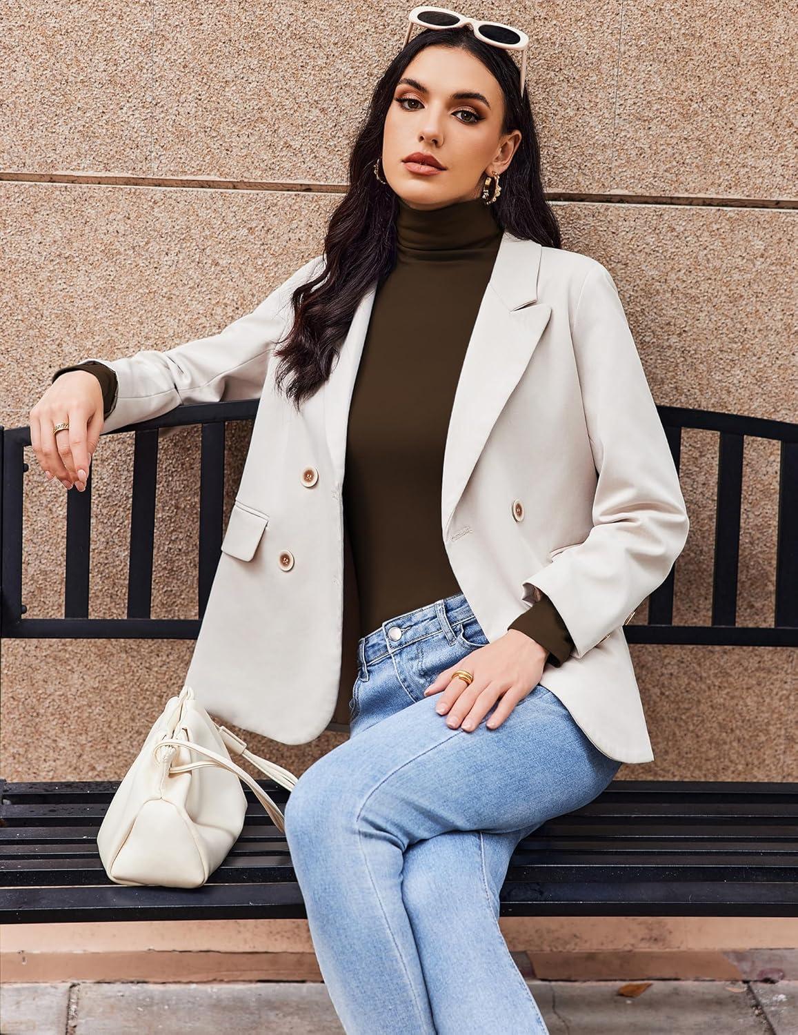 imageZeagoo Womens Long Sleeve Shirts Mock Neck Turtleneck Slim Fitted Basic Crop Tops 2024 Fashion Casual TShirtsWhitebrown