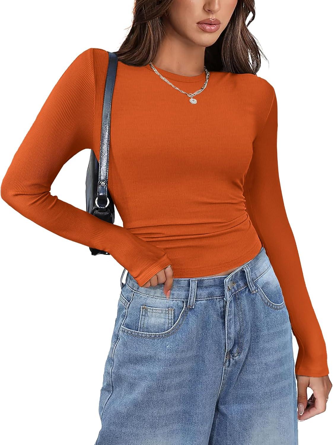 imageZeagoo Womens Long Sleeve Stretch Crewneck Ribbed TShirt Slim Fit Casual Basic Tops SXXLOrange