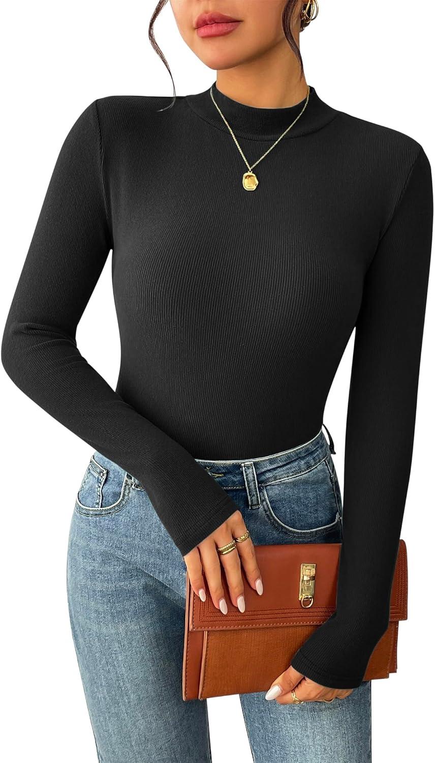 imageZeagoo Womens Long Sleeve Stretch Shirts Mock Neck Ribbed TShirt Fitted Casual Basic Tops 2024