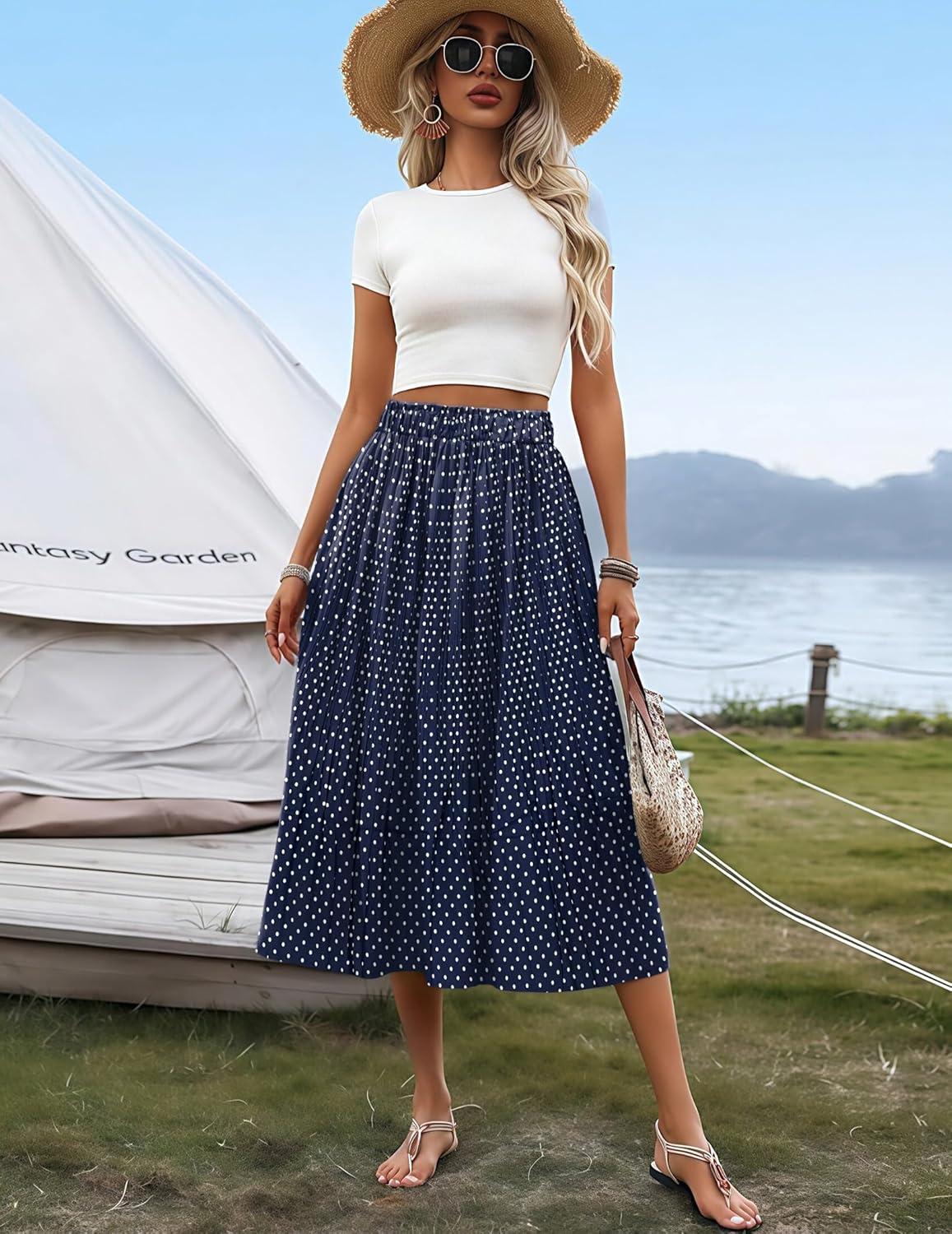 imageZeagoo Womens Midi Skirts High Waisted Pleated ALine Swing Skirts Summer Floral Long Skirts with PocketsBluedot